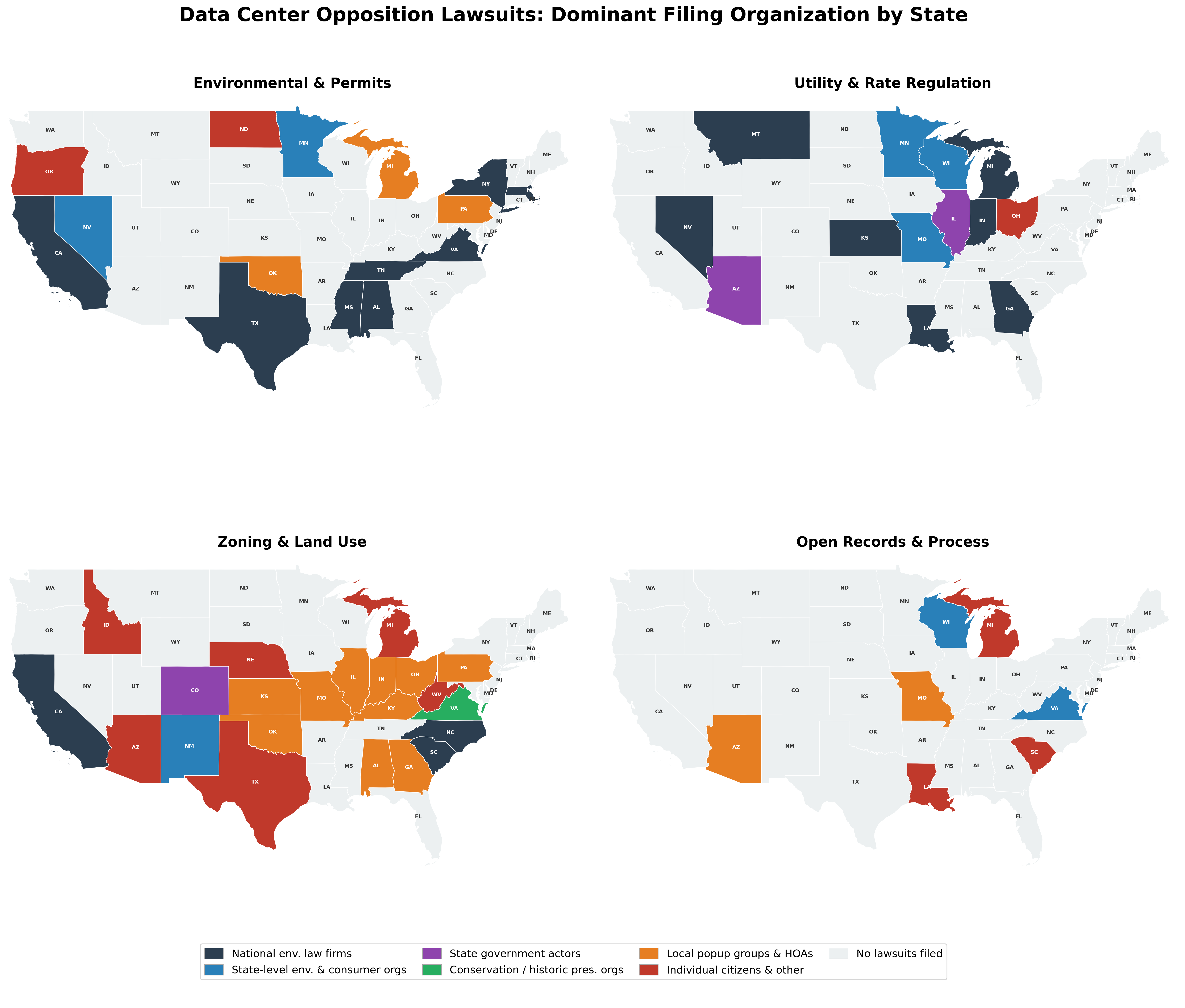 Data Center Opposition Lawsuits: Dominant Filing Organization by State — All Four Categories