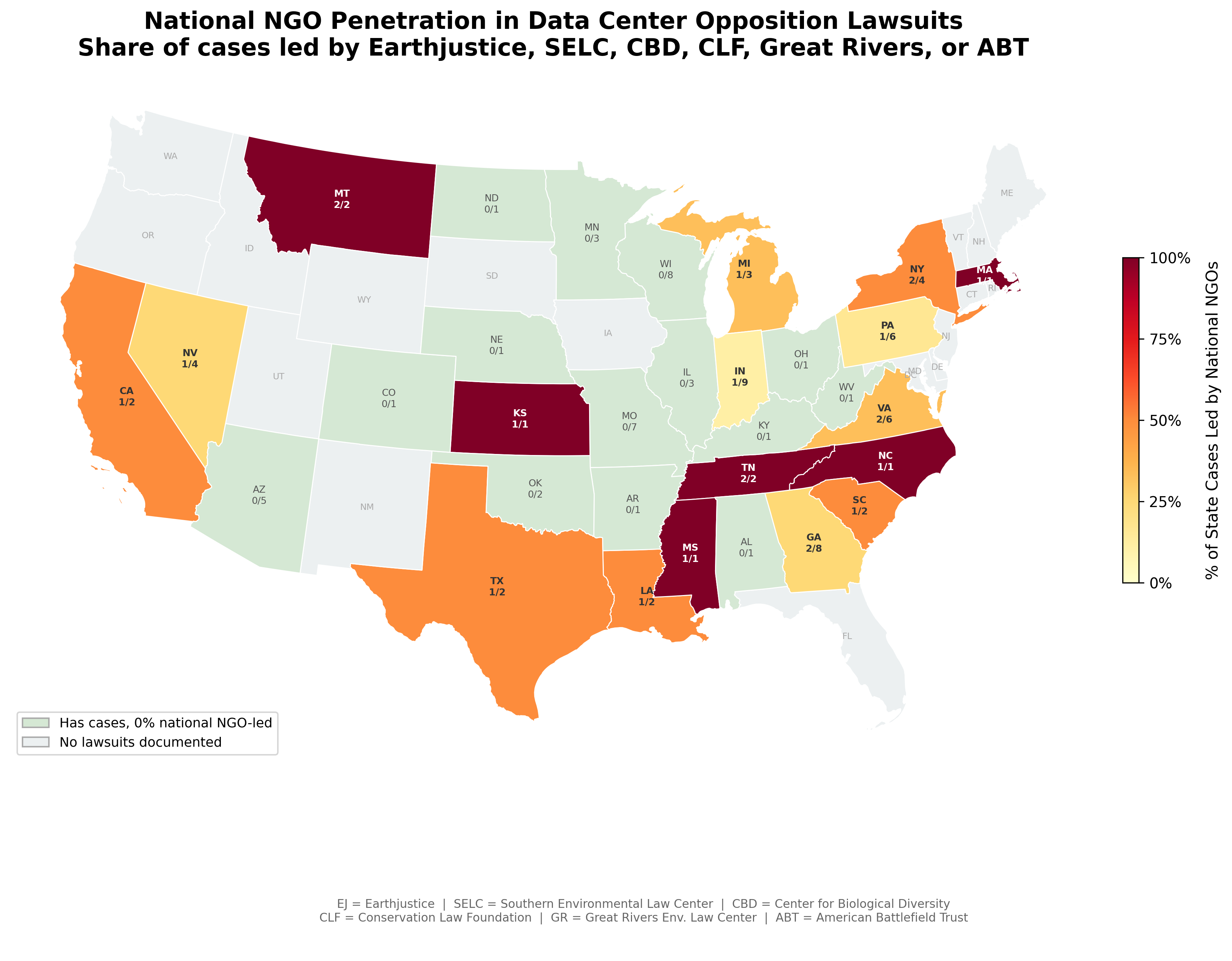 National NGO Penetration in Data Center Opposition Lawsuits by State