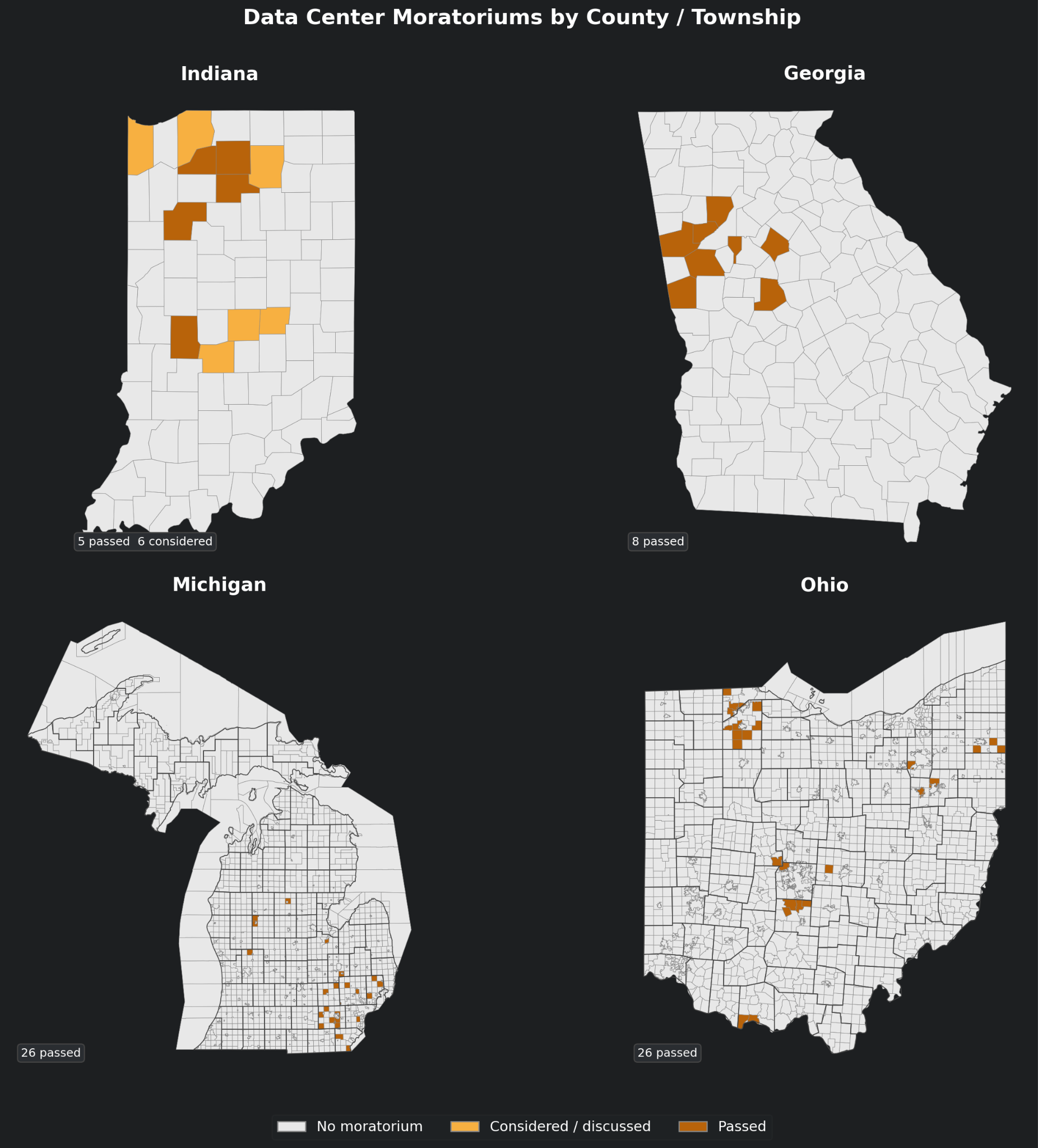 Data center moratoriums by county and township