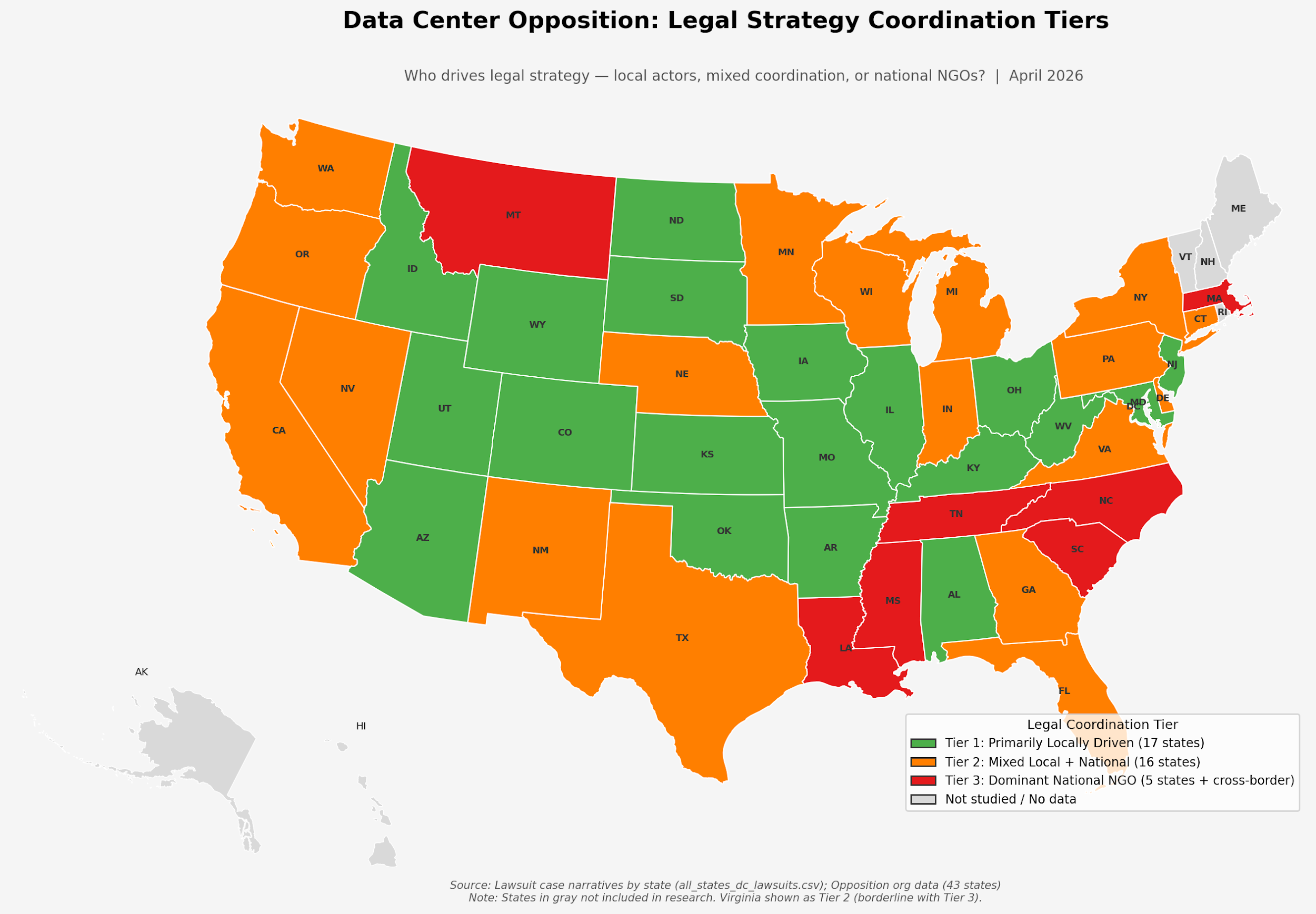 Data Center Opposition: Legal Strategy Coordination Tiers by state